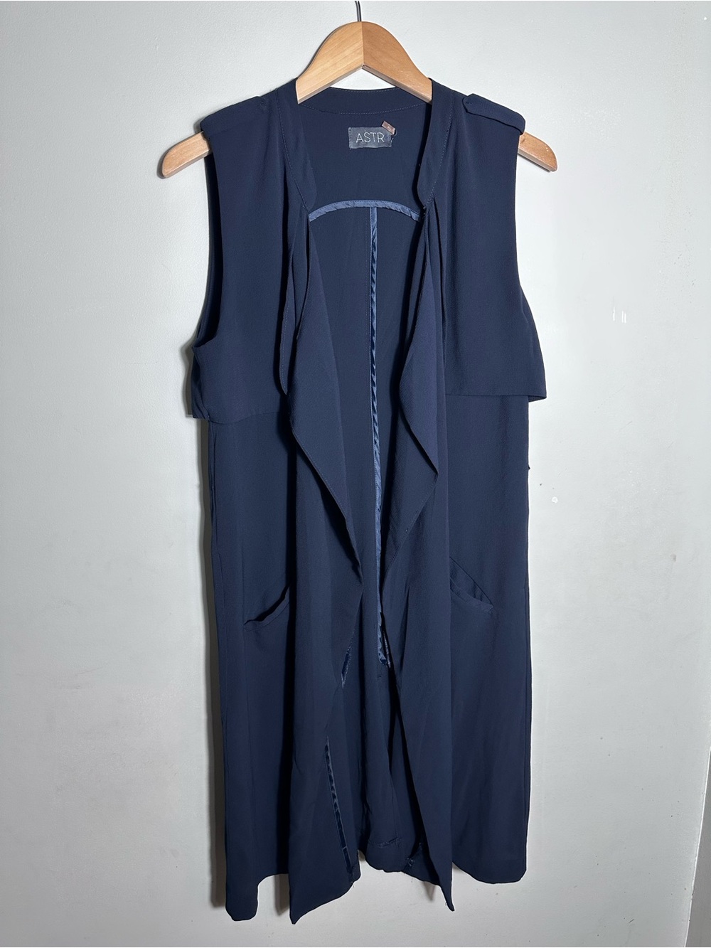 Astr Navy Draped Sleeveless Long Vest